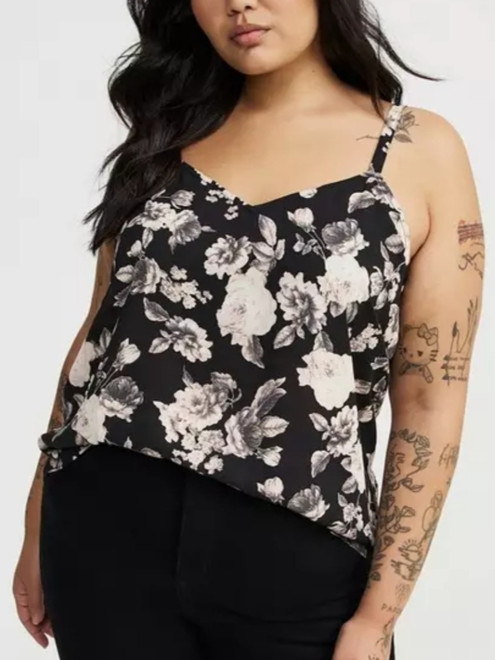 Floral V-Neck Cami Tank Top - Black/White